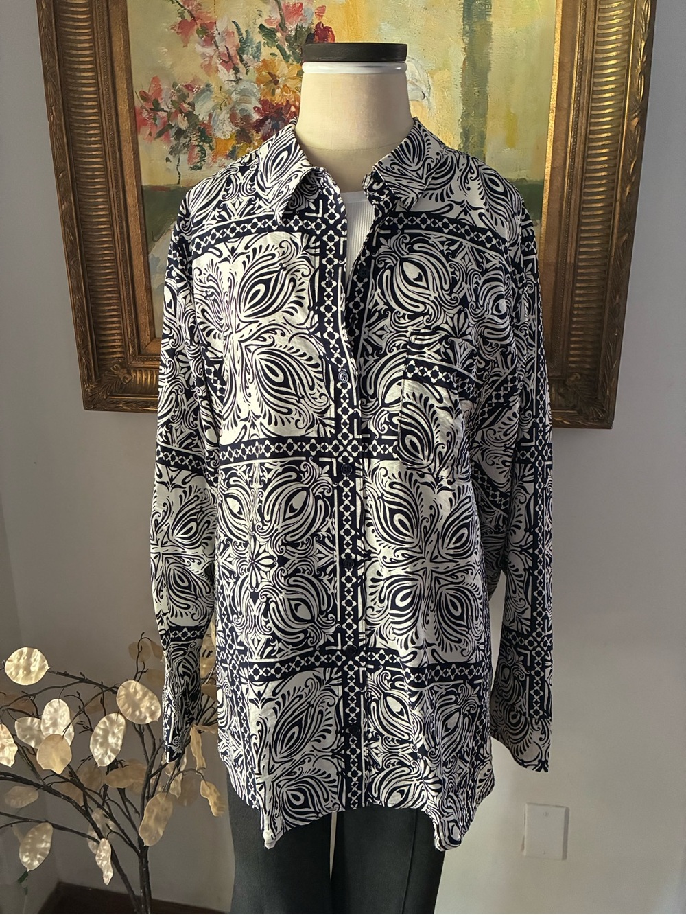 Lane Bryant Blue and White Floral Western Print Collared Button Down Shirt Top